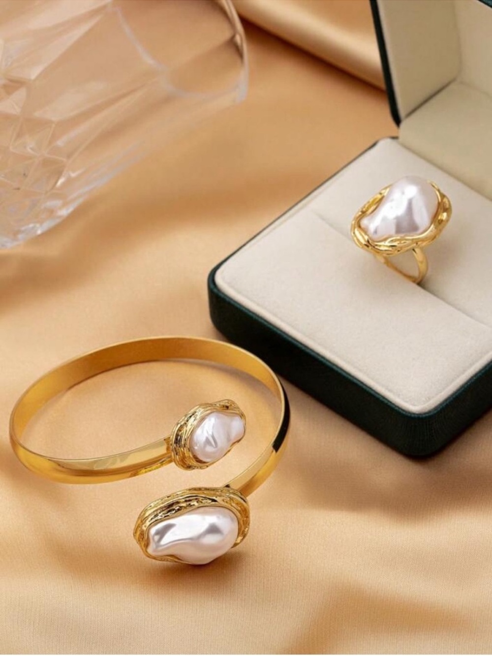 Gold Pearl Open Cuff Bracelet and Matching Pearl Ring